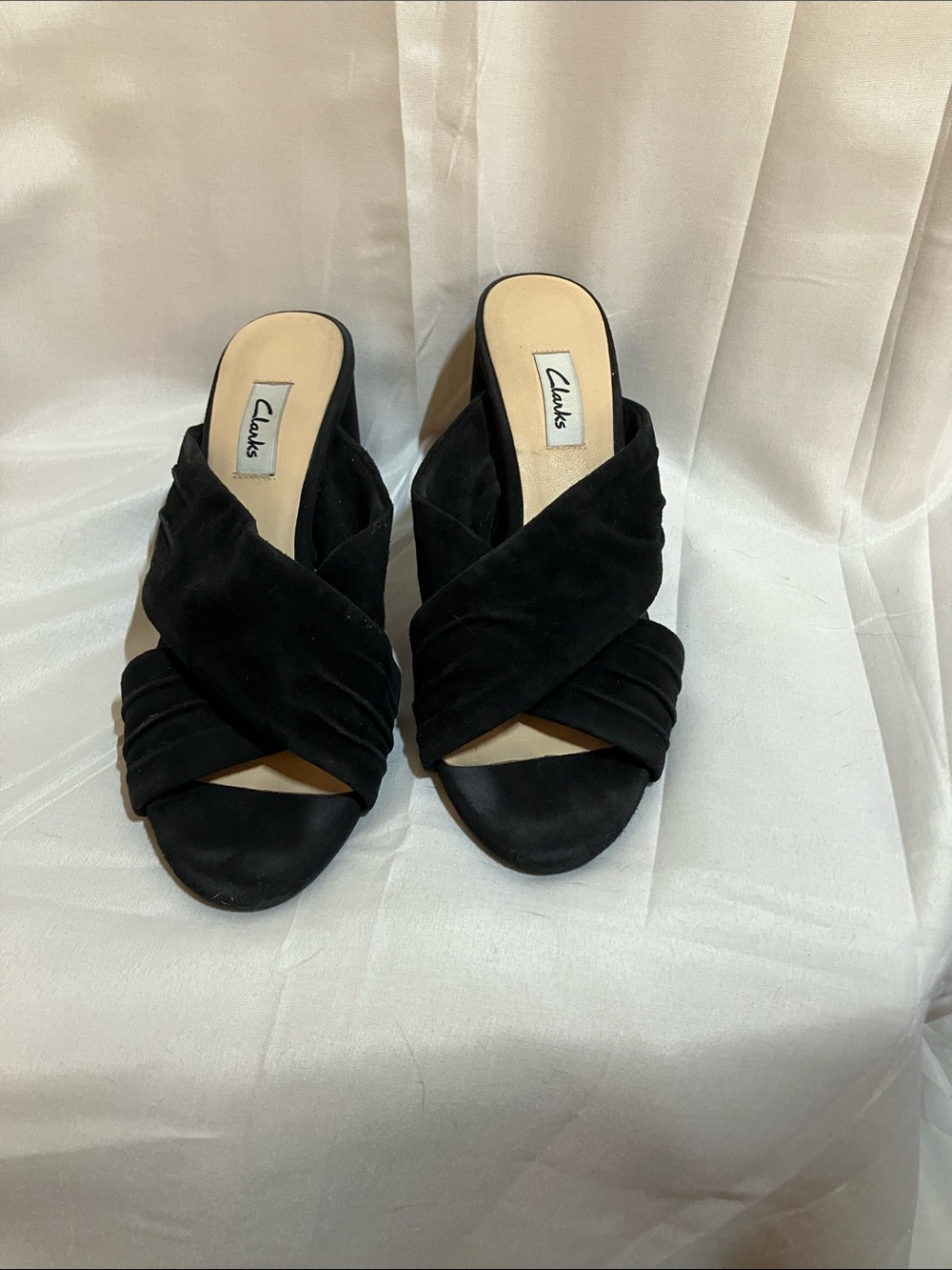 Clarks Black Suede Crisscross Slide Sandal Heels